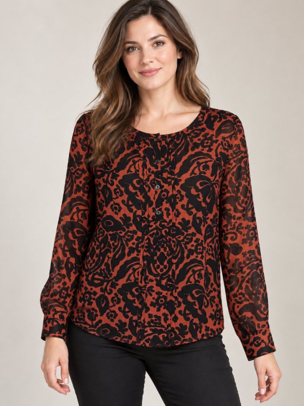 Ann Taylor LOFT Sheer Polyester Black Burgundy Size M Long Sleeve Blouse